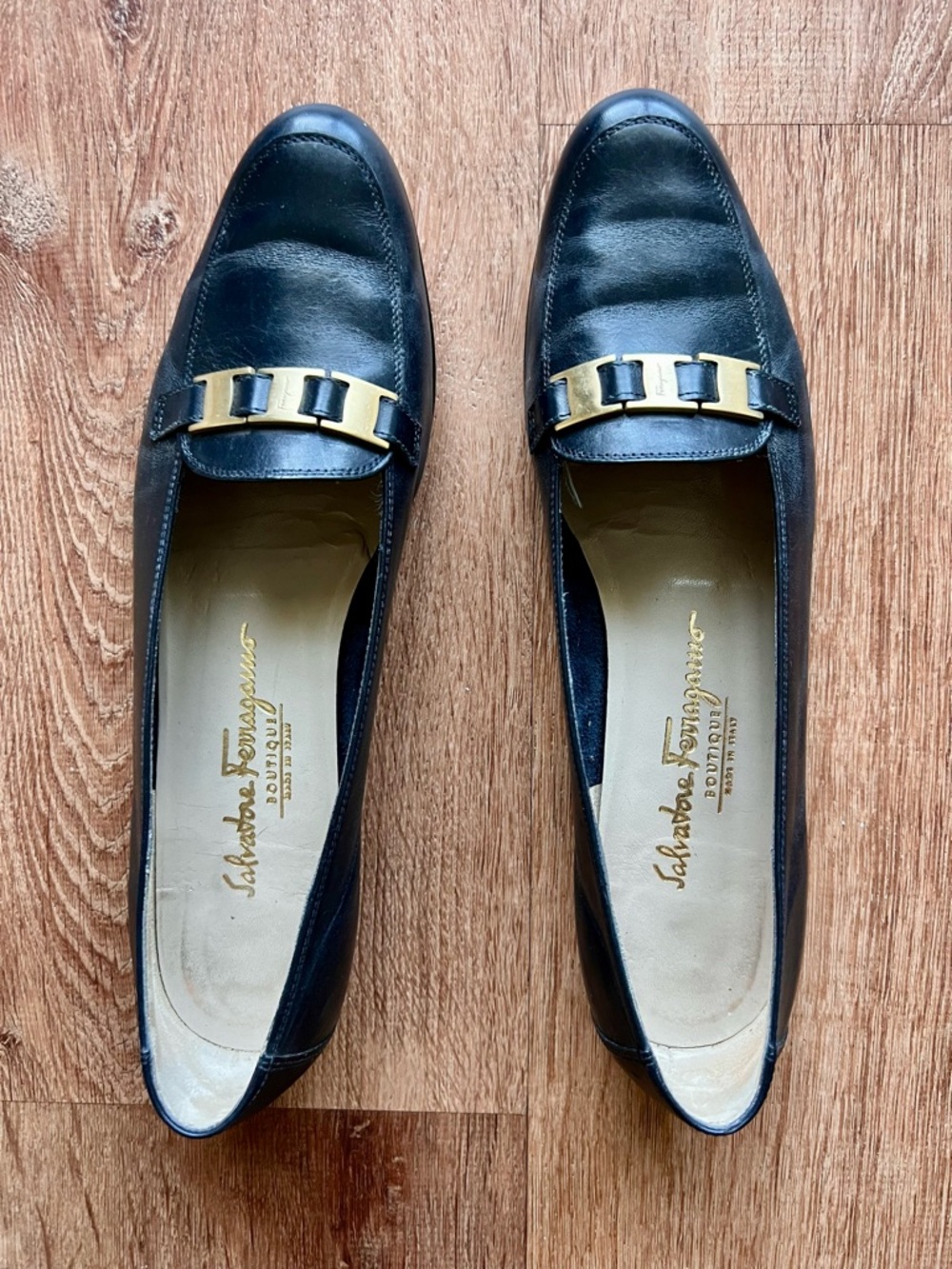 Salvatore Ferragamo Leather Loafers with Gold Buckle Accents